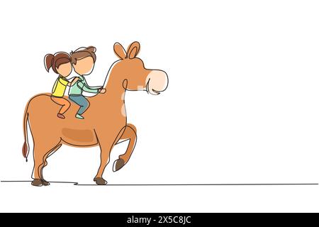 Single continuous line drawing happy cute boy and girl riding donkey together. Children sitting on back donkey with saddle in ranch park. Kids learnin Stock Vector