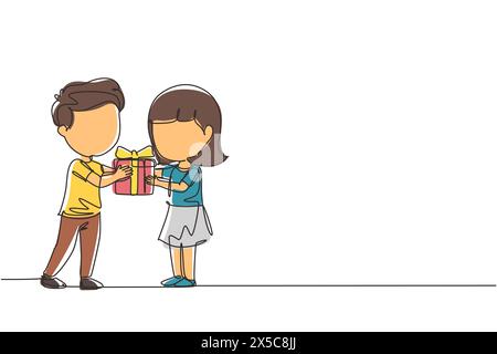 Single continuous line drawing boy kid giving girl birthday ribbon bow gift box. Children excited receiving gift from friend. Child hand over holiday Stock Vector