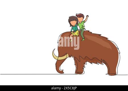 Continuous one line drawing little boy and girl caveman riding woolly mammoth together. Kids sitting on back of mammoth. Stone age children. Ancient h Stock Vector