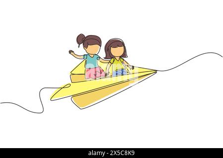 Continuous one line drawing Happy two little girls flying on paper plane. Kids flying on paper airplane together. Children back to school concept. Sin Stock Vector