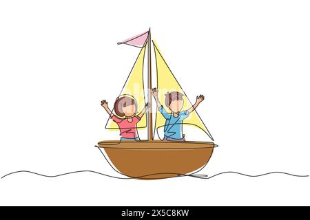 Continuous one line drawing smiling boy and girl in sailboat together. Happy kids sailing boats. Cute children on boat. Joyful adventures and travel. Stock Vector