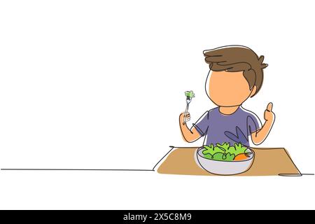 Single one line drawing little boy eating fresh vegetable salad and showing thumb up sign. Child eating salad. Healthy food for kids. Modern continuou Stock Vector