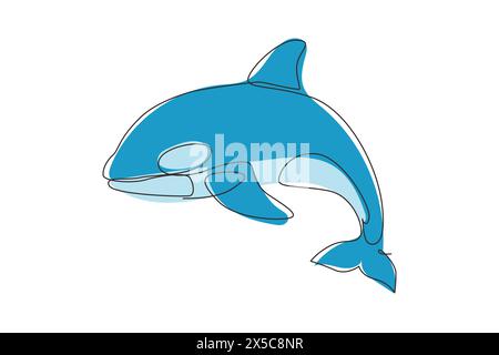 Single continuous line drawing whale killer orca in water. Wild whale killer fish animal mascot for aquatic swimming pool. Orca in under ocean water. Stock Vector