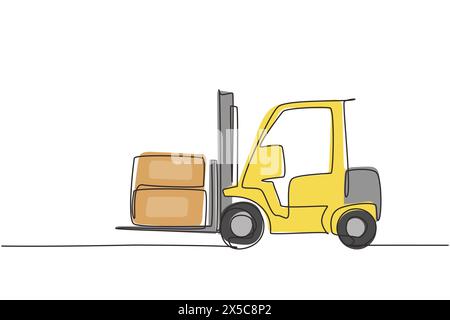 Continuous one line drawing forklift truck with boxes. Heavy automobile. Construction industry and machinery concept. Children's toy forklift truck. S Stock Vector