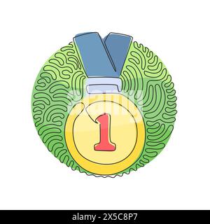 Continuous one line drawing gold medal for first place. Gold medal on ribbon. Award for victory winning first placement achievement. Swirl curl circle Stock Vector