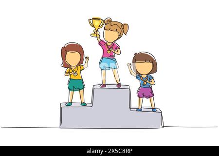 Single continuous line drawing cute girl standing on podium as sport competition winner. Championship celebration. Happy cute kid win game gold trophy Stock Vector