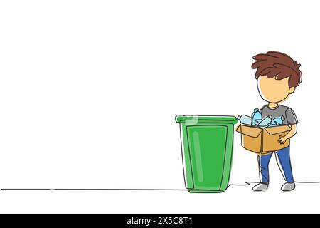 Continuous one line drawing boy gathering garbage and plastic waste for recycling. Kid picking up plastic bottles into garbage. Waste recycling for re Stock Vector