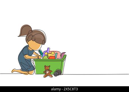 Continuous one line drawing little girl putting her toys into box. Kids doing housework chores at home concept. Smiling child storing her toys in box. Stock Vector