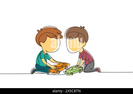 Single one line drawing two cute boys playing with their toys cars. Boy shows his toy cars to his friend. Happy kids playing together. Modern continuo Stock Vector