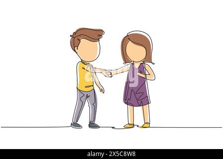 Single one line drawing boys and girls standing and shaking hands making friendship. Children introduce themselves. Kids touching each other's hand. C Stock Vector