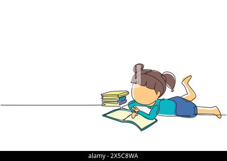 Single continuous line drawing little baby girl is reading book and dreaming lying on floor. Pile of books. Source of knowledge. Intelligent student. Stock Vector