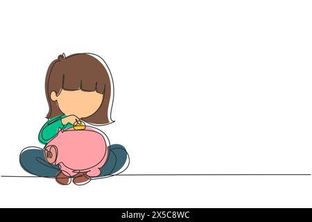Continuous one line drawing cute little girl sitting on the floor puts coins in a piggy bank and dreams of buy something. Concept of saving money. Sin Stock Vector