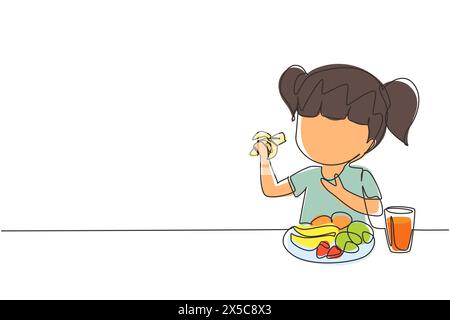 Single continuous line drawing girl eating fruit. Sitting near table eating orange. Watermelon and banana in tray placed on table at home. Healthy foo Stock Vector