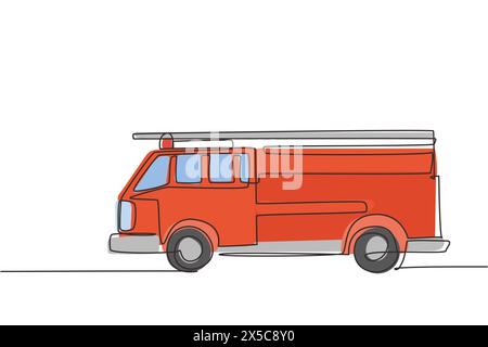 Continuous one line drawing fire engine icon logo. Firefighter truck automobile side view. Auto in flat design. Children's toy fire truck concept. Sin Stock Vector