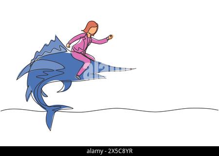 Single continuous line drawing brave businesswoman riding huge dangerous marlin fish. Professional entrepreneur female character fight with predator. Stock Vector