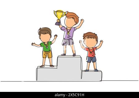 Single continuous line drawing cute boy standing on podium as sport competition winner. Championship celebration. Happy cute kid win game gold trophy. Stock Vector