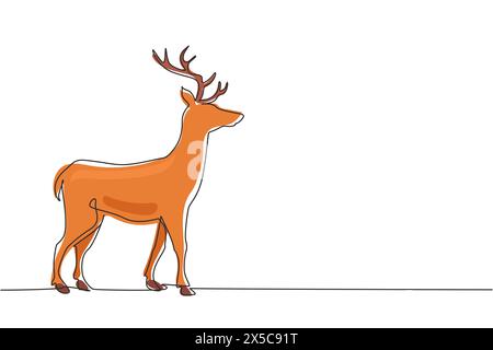 Single continuous line drawing forest wild deer. Standing wild reindeer for national park logo. Elegant mammal animal mascot for nature conservation. Stock Vector