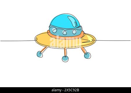Single continuous line drawing UFO plane toys icon. UFO design concept from Astronomy collection. Cute astronauts flying on UFO spaceship. Dynamic one Stock Vector