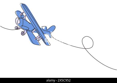 Continuous one line drawing vintage airplanes models. Retro motor aircraft with propeller icon. Monoplane and biplane planes. Air transportation. Sing Stock Vector