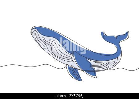 Continuous one line drawing wild whale fish swimming in sea life. Marine animal digital concept. Blue whale and scuba diver under ocean water. Single Stock Vector