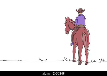 Single continuous line drawing cowboy riding horses in desert on wooden sign. Mustang and person outdoor at sunset. Cowboy and horse icon or logo. One Stock Vector