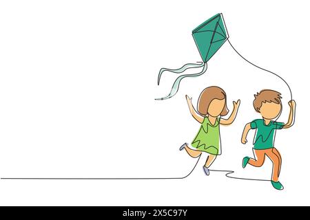 Single continuous line drawing little boy and girl flying kite. Siblings playing together. Kids playing kite in playground. Children with kites game a Stock Vector