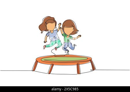 Single continuous line drawing two little girl jumping on trampoline together. Happy kids jumping on round trampoline. Active children's outdoors game Stock Vector