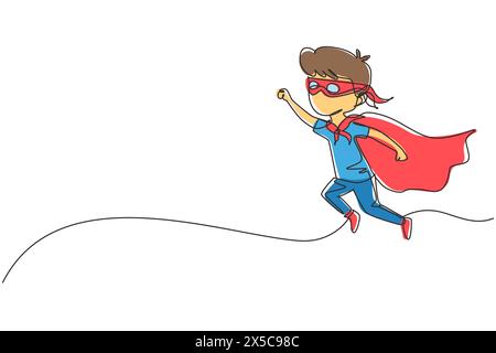 Single continuous line drawing boy flies through air in super hero pose with outstretched hand. Kid in super hero costume with mask on his face and cl Stock Vector