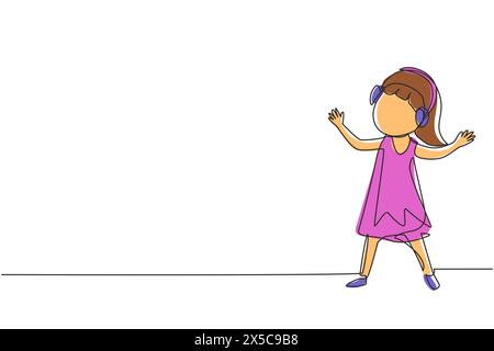 Single one line drawing girl listening to music with headphones on her head. Kid wearing earphones and headphones, listening to music and dancing. Con Stock Vector