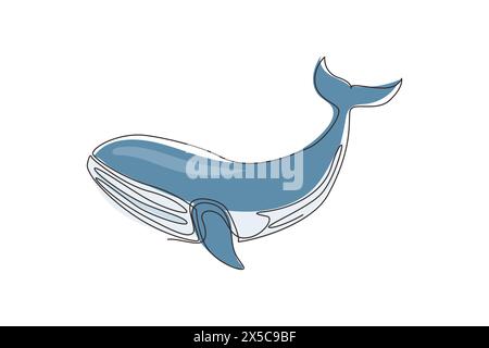 Single one line drawing wild whale fish swimming in sea life. Marine animal mascot for aquatic swimming pool. Blue whale under ocean water. Continuous Stock Vector