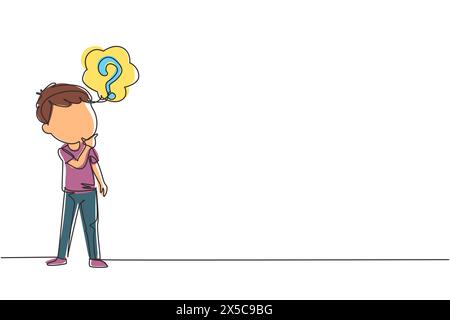 Continuous one line drawing cute boy thinking. Kids think creative idea. Bubble with question mark sign. Concept of learning and growing children. Sin Stock Vector