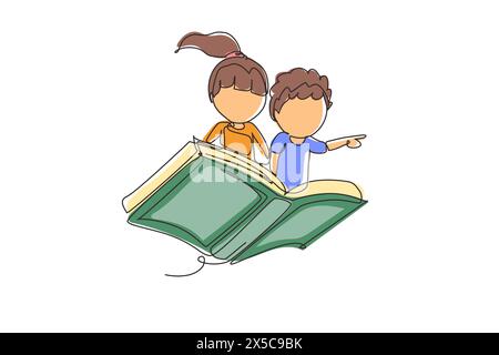 Single one line drawing little boy and girl student or preschooler flying on magic book. Happy kids flying on the book. Knowledge power concept. Conti Stock Vector