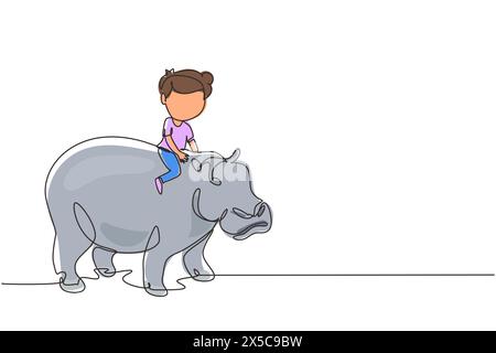 Single one line drawing little boy caveman riding brontosaurus. Young kid sitting on back of dinosaur. Ancient human life concept. Modern continuous l Stock Vector