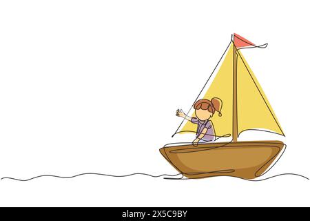 Single continuous line drawing smiling little girl in sailboat. Happy kids sailing boats. Cute little children on boat. Joyful adventures and travel. Stock Vector