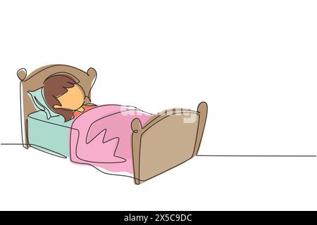 Single continuous line drawing cute girl sleeping on tonight dreams, good night and sweet dreams. Happy little child sleep in bed room. Kid sleeping. Stock Vector