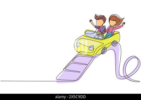 Single continuous line drawing kids on rollercoaster rides. Boy and girl riding fast at amusement rides, happy laughing or excited scared on amusement Stock Vector