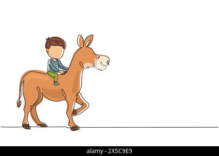 Continuous one line drawing happy cute boy riding cute donkey. Child sitting on back donkey with saddle in ranch park. Kids learning to ride donkey. S Stock Vector