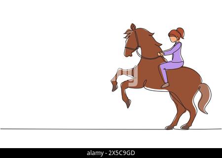 Continuous one line drawing businesswoman riding horse symbol of success. Business metaphor concept, looking at the goal, achievement, leadership. Sin Stock Vector