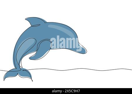 Continuous one line drawing cute blue dolphins, dolphin jumping and performing tricks with ball for entertainment show. Animal mascot for swimming poo Stock Vector