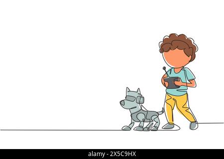 Single one line drawing boy playing with electronic toy dog robot with remote control in hands. Happy kids with remote control robot pet. Modern conti Stock Vector