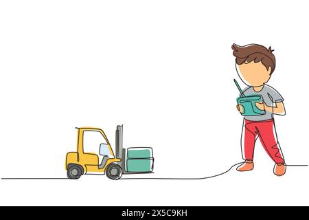 Single one line drawing boy playing with remote-controlled forklift truck toy. Kids playing with electronic toy forklift truck with remote control in Stock Vector