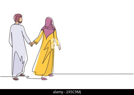 Single one line drawing romantic Arabian couple in love hand in hand. Young couple in love spending time together at park. Happy family concept. Conti Stock Vector