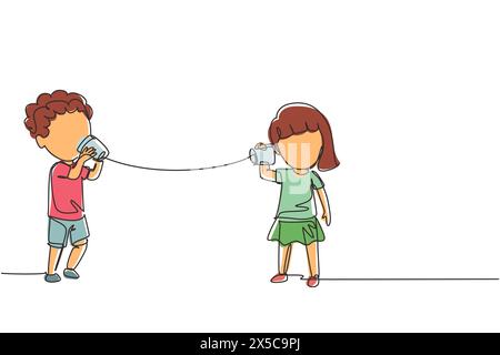 Continuous one line drawing boy and girl play toy phone. Two friends playing in phone with self made speech transmitting device, kids have fun speakin Stock Vector