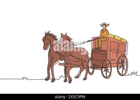 Continuous one line drawing old wild west horse-drawn carriage with coach. Vintage Western Stagecoach with horses. Wild west covered wagons in desert. Stock Vector