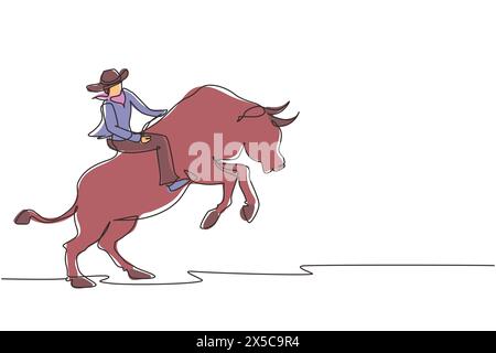 Continuous one line drawing strong and brave cowboy in hat participates in rodeo riding wild bull. Cowboy riding wild bull. Exciting rodeo show. Singl Stock Vector