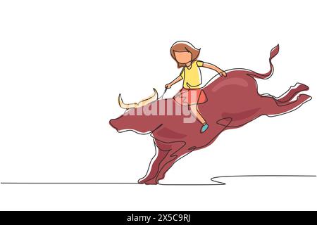 Continuous one line drawing happy cute kid girl riding bull. Child sitting on back bull with saddle in cowboy ranch. Kids learning to ride bull. Singl Stock Vector