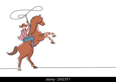 Continuous one line drawing cowboy throwing lasso riding rearing up horse. American cowboy riding horse and throwing lasso. Cowboy with rope lasso on Stock Vector