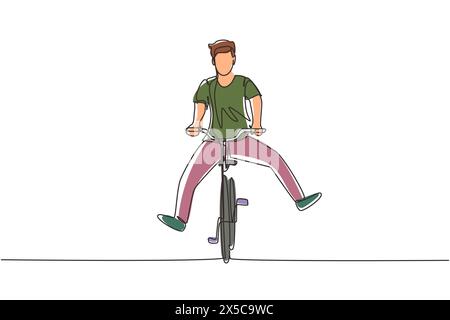 Single continuous line drawing happy young man in casual clothes riding bicycle. Healthy and sport lifestyle. Ecological vehicle of transportation. On Stock Vector