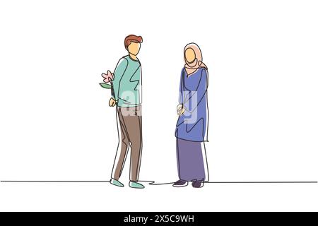 Single continuous line drawing Arab man holding flowers behind his back and standing in front of woman. Happy boy giving rose flower to girl. Young ma Stock Vector