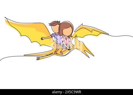 Single continuous line drawing boy and girl riding flying dinosaur together. Pterodactyl ride with kids sitting on back of dinosaur and flying high in Stock Vector